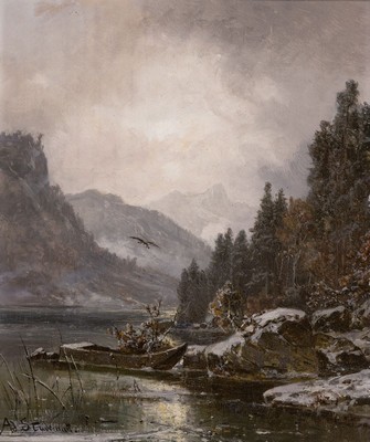 Adolf Stademann, 1824-1895 München, winterliche Stimmungslandschaft, Gebirgssee mit verschneiter Uferlandschaft und Kahn, Sonne halb verdeckt von ...