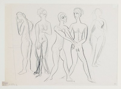 Ernst Ludwig Kirchner, 1880 - 1938, zwei Zeichnungen auf einem Blatt, Vorder - und Rückseite gestaltet, eine Seite: fünf stehendeAkte, ...