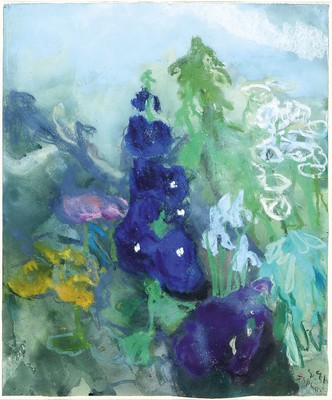 Klaus Fußmann, geb. 1938, Gouache/Farbkreideauf Büttenkarton, großformatiges Blumenstillleben, aus dem graublauen Hintergrund herausgearbeitet, ...