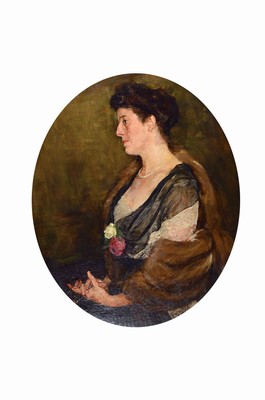 Max Slevogt, 1868 Landshut - 1932 Neukastel, "Damenbildnis", Dreiviertelporträt einer Dame mit Rosen und Pelzstola, große Virtuosität in ...
