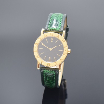 BULGARI Armbanduhr in GG 750/000 Referenz BB 30 GL, Schweiz um 2000, quarz, Boden aufgedr., Lederband m. orig. Dornschl. in GG 750/000, schwarzes ...