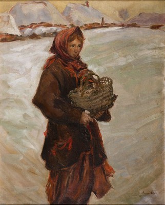 Ernö Abonyi, Budapest 1888 - 1941, ungarischer Maler und Grafiker, verschneite Winterlandschaft mit Mädchen im roten Mantel, Öl/Lwd, re. unten ...