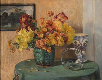 H. Schürzholz, tätig Anfang 20. Jh., Interieur, Öl/Lwd, re. unten signiert und datiert 21, l. Gebr-.spuren, ca. 60 x 80 cm, Rahmen beschädigt, ...