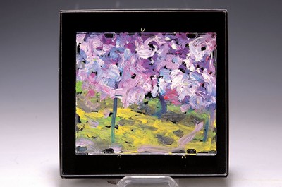 Heide Fahlbusch, 1939-2019, Öl-Studie auf CD-Hülle, Hain blühender Mandelbäume, pastoser Farbauftrag, innen signiert und datiert 2007, 12,5x14 ...