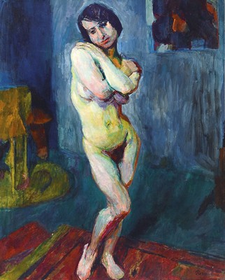 Hans Purrmann, 1880 Speyer - München 1966, stehender Frauenakt, Öl/Lwd, signiert, aus 1914, früher expressiver Akt mit verschränktenArmen, ...