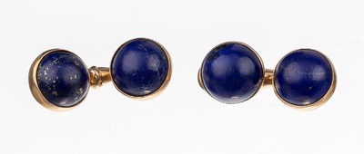 Paar 14 kt Gold Manschettenknöpfe, um 1900,RG 585/000, 4 Lapislazulicabochons, Verbindungsstege mit Karabiner, ca. 8.9 g