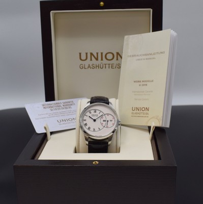 UNION GLASHÜTTE/SA. 1893 große Sekunde Herrenarmbanduhr mit ausgefallener Anzeige Referenz D007.444A, Deutschland um 2018, Automatik, beids. vergl. ...