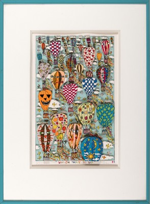 James Rizzi,1950-2011, 3-D-Litho, 30/350, handsigniert, "Which Way Is Up", ca. 32 x 20 cm, PP., unter Glas, Rahmen