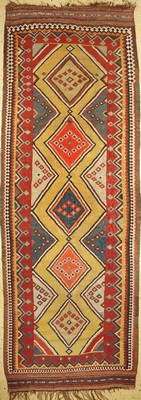 Ghaschgai Kelim antik, Persien, um 1900, Wolle auf Wolle, ca. 430 x 155 cm, EHZ: 2, alte Restaurierungen, fleckig