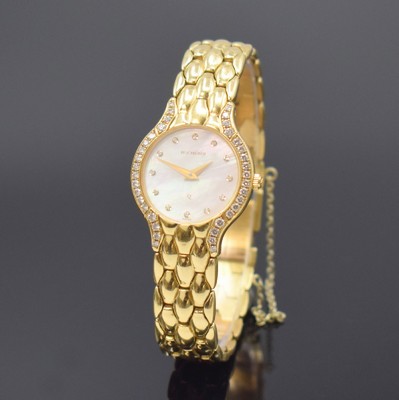 BUCHERER Damenarmbanduhr in GG 750/000, Schweiz um 1990, quarz, 2-teil. Gehäuse, Boden aufgedr., Lünette aufw. m. Diamanten bes., Gliederbd. in GG ...
