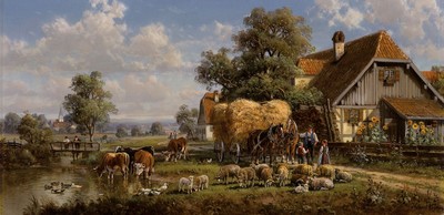 Hubert Kaplan, geb. 1940, süddeutsche Landschaft, stimmungsvolle und detailreiche Darstellung eines zweispännigen Heuwagens, derBauer im Gespräch ...