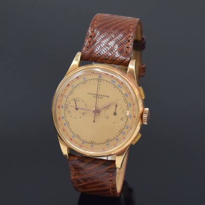 CHRONOGRAPHE SUISSE Herrenarmbanduhr in RG 750/000 mit Chronograph, Schweiz um 1950, Handaufzug, 3-teil. Gehäuse, Boden u. Glasrd. gedr., gold. ...