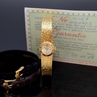 ROLEX Orchid Damenarmbanduhr in GG 750/000 Referenz 2059 mit original Garantieschein, Schweiz verk. 11/1969, Handaufzug, 2-teil. Geh., Boden ...