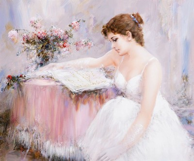 Lucia Sarto, geb. 1950 Porpetto, junge Frau beim Lesen eines Notenbuches, Öl/Lwd, links unten signiert, 50x60 cm, Rahmen 66x75 cm
