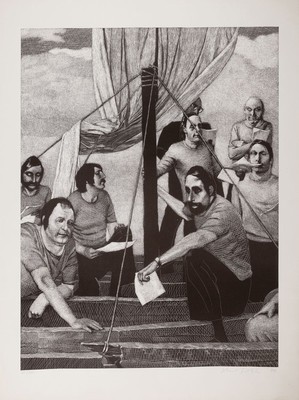 Johannes Grützke, 1973-2017 Berlin, Radierung, Gruppe von Männern auf Segelboot, Ed. 65/100, datiert 1974, Platte 68x51 cm, unter Glas 82x61 cm