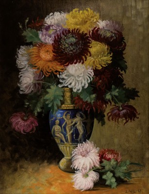 Monogrammist LWL, datiert 1937, Blumenstillleben mit Chrysanthemen, Öl/Lwd, signiert und datiert, Rahmen 105x83 cm