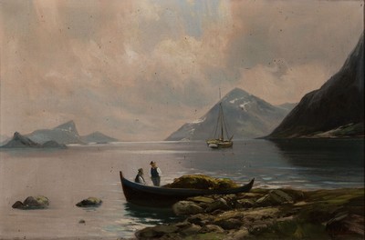 Herbert Kuhlmann, geb. 1936 Hamburg, wohl norwegische Küstenansicht mit Fischern , Öl/Lwd, signiert, verschmutzt bzw. Altersspuren, ca. 45 x 68 cm, ...