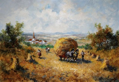 Hofmeister, ungedeuteter wohl süddeutscher Künstler, Mitte 20. Jh., sommerliche Voralpenlandschaft, Öl/Lwd, signiert, 70 x 100 cm, Prunkrahmen ca. ...