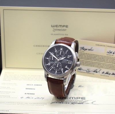 WEMPE Zeitmeister Armbandchronometer mit Chronograph, Automatik, Edelstahlgeh. inkl. orig. Lederband m. orig. Dornschl., Boden m. Darst. Sternwarte ...