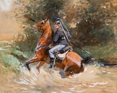 Leon Abry, 1857 - 1905,, Soldat zu Pferd, Gouache, lebendige Darstellung, li. unten bez. agué, re. u. signiert, auf Papier, ca. 23.5 x 29 cm, unter ...