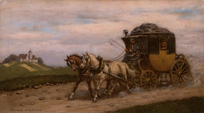 Hans Hanke, geb. 1923 in Wien, war in München tätig, bet. auf Etikett "Die Postkutsche", Öl/Lwd, signiert, ca. 25 x 44 cm, Rahmen