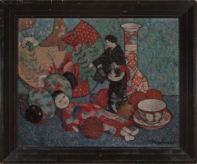 Pieter Nicolaus de Kessel, 1873 - 1948 Antwerpen, flämische Maler, hier: japanisches Stillleben mit Vase und Puppen, Öl/Lwd, re. u. signiert, ...