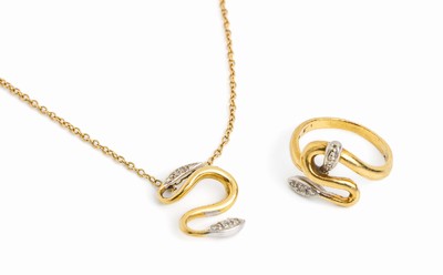 18 kt Gold Diamant-Schmuckset "Schlange", GG/WG 750/000, best. aus: 1 Ring, RW 53, und 1Anhänger an Kette, L. ca. 42 cm, Federring- ...