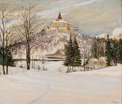 Ernst Böhm, Anfang 20.Jh., Winterlandschaft Schloss Wallenstein im Isergebirge, Öl/Platte, signiert, Rahmen 59x66 cm