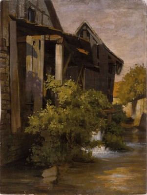 Zuschreibung: Helene Marie Stromeyer, 1834-1924, Blick auf eine Mühle am Wasser, Öl/Holz, unsigniert, verso bez. Stromeyer, ca. 57x43cm, leicht ...