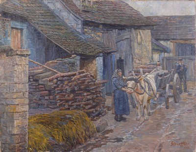 Heinrich Strieffler, 1872 Neustadt-1949 Landau, Bauernpaar mit Ochsenkarren vor einem Gehöft, Öl/Lwd, rechts unten signiert und datiert 1912, ca. ...