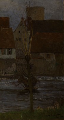 Adolf Luntz, 1875 Wien-1924 Karlsruhe, "Am Wehr", rückseitig so betitelt, Öl/ Malkarton, rechts unten signiert, ca. 50x28cm, R. ca. ...