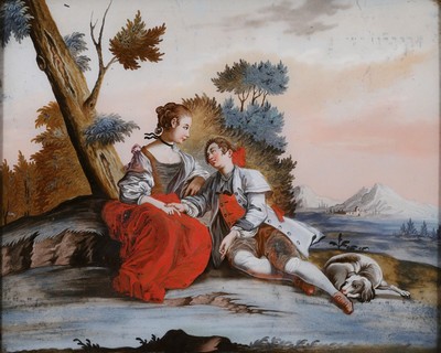 4 Hinterglasbilder, süddeutsch, frühes 19. Jh., Schäferszenen in idealen Parklandschaften, ein Gemälde beschädigt und geklebt, ca. 23 x 29, ...