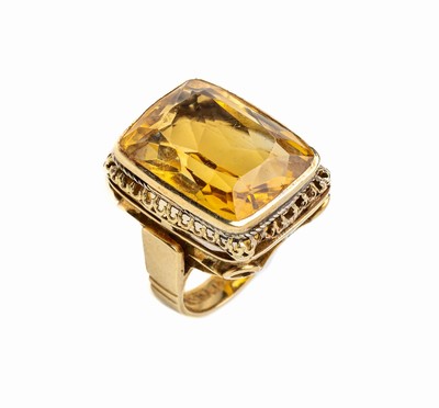 14 kt Gold Citrin-Ring, 1930/40er Jahre, GG 585/000 gepr., schöne qualitätvolle Handarbeit, durchbrochen gearbeitet, facett. Citrin, RW 52, ca. ...