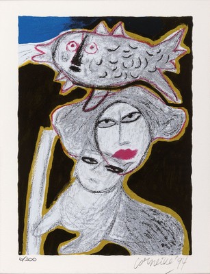 Corneille, 1922 Lüttich-2010 Auvers-sur-Oise , 2 Farblithographien, Pierrot, 1994, Ed. 77/200 und Frau mit Katze und Vogel, 1994, Ed.6/200, je ...