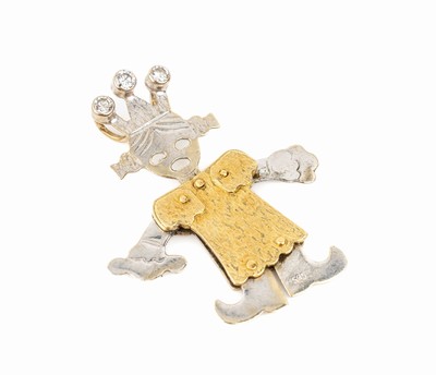 14 kt Gold Brillant-Anhänger "Mädchen", GG/WG 585/000, Kleid GG, bewegl. Gliedmaßen inWG, Krone mit 3 Brillanten zus. ca. 0.17 ct ...