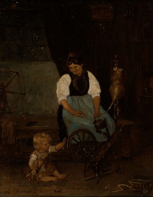 nach Ludwig Blume-Siebert (1853-1929), Mutter mit Kleinkind am Webstuhl, links unten bezeichnet, Öl/Holzplatte, verso mit Brandzeichen und Resten ...