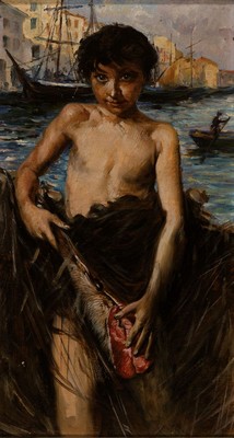 Unbekannter Künstler, um 1920, Fischerjunge mit halbem Fisch, Öl/Lwd, rechts unten Reste unleserlicher Signatur, Rahmen 47x30 cm