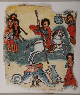 Koptische Ikone, Äthiopien, Tempera auf Pergament, fragmentarischer Zustand, Darstellung des Hl. Georg als Drachentöter, umgebende Figuren, ...
