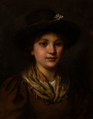 Er. Müller, süddeutscher Maler, um 1900, Mädchen mit Hut, Brustbild, rechts unten signiert, Öl/Holzplatte, 27x20 cm, Rahmen 47x41 cm
