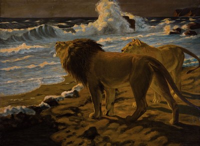 R. Muske, Künstler des 20.Jh., Löwen am Strand, Öl/Lwd, signiert, rest., Rahmen 95x120cm