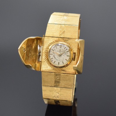 Ausgefallene Damenarmbanduhr in GG 750/000 mit Omega-Werk, Sonderanfertigung, Werk Schweiz um 1961, Handaufzug, ausklappbares Gehäuse mit Omega Kal. ...