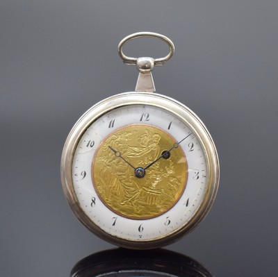 Spindeltaschenuhr in Silber, Frankreich um 1830, Zifferbl. im Zentrum verg. mit Darstellung v. Muse u. Amor, außen email. (besch.) u. m. arab. ...