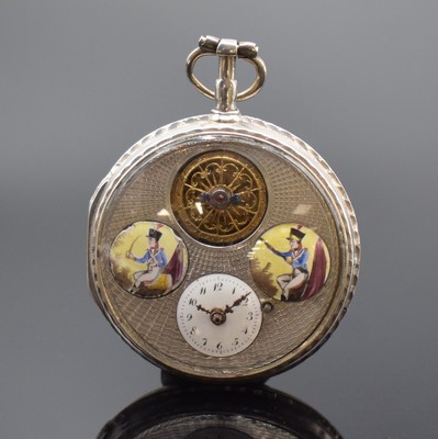 Interessante Spindeltaschenuhr mit offener Unruh und Emailmalerei, Frankreich um 1820, Silbergehäuse, silb. guill. Zifferblatt m. Emailmalerei, ...