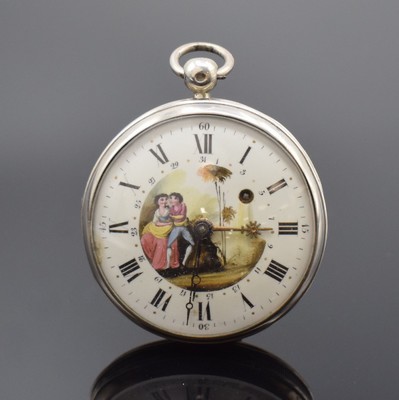 FRANCOIS OLIVIER Dumont Spindeltaschenuhr mit Datum, Frankreich um 1825, Silbergehäuse, Emailzifferbl. m. Malerei besch., röm. Zahlen, Datum (zu ...