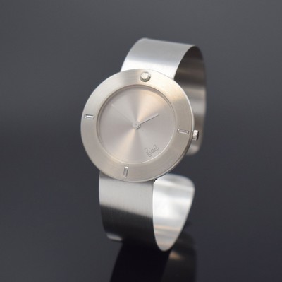 BUNZ Designer-Damenarmbanduhr in Platin mit Platinspange, Schweiz um 1995, quarz, 8-fach verschr. Gehäuse, silb. Zifferbl., silb. Zeiger, ...