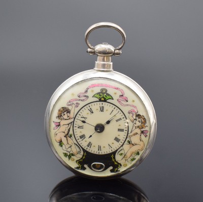 Offene Taschenuhr für chinesischen Markt, Schweiz um 1880, Silbergehäuse, bemaltes Zifferbl. m. röm. Zahlen, Scheinpendel b. 6, Birnenzeiger, ...