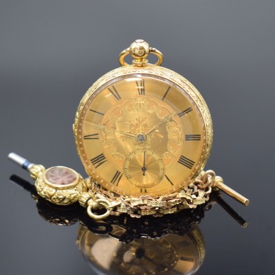 R. SOHNSON Sheffield offene Taschenuhr in GG 750/000 mit Kette in GG/RG 375/000, England um 1840, 3-teil. Gehäuse, gold. Zifferblatt m. röm. ...