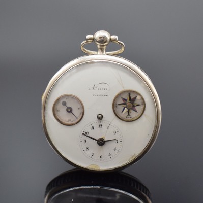 VAUCHER interessante Spindeltaschenuhr mit Kompass und kleiner Sekunde, Schweiz um 1800, beids. vergl. Silbergehäuse, Emailzifferbl. besch. m. ...