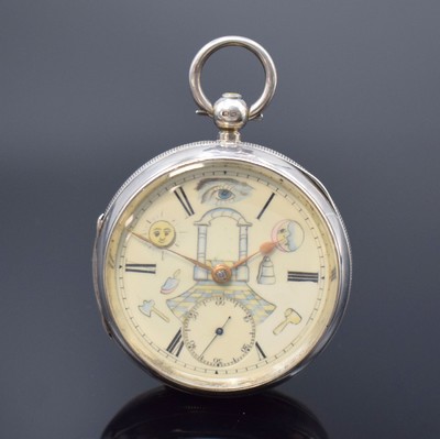 Offene Taschenuhr mit Freimaurersymbolik in Silber, England um 1890, 3-teil. Gehäuse dell., Zifferblatt nachtr. bemalt, röm. Zahlen, Ankerwerk m. ...