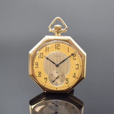 ELGIN offene Taschenuhr in GG 585/000, USA um 1925, 2-teil. Scharniergeh., 2-farb. Zifferbl. m. arab. Zahlen, Rückseite mit Monogramm, ...
